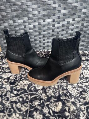 DV by Dolce Vita Black Leather Chelsea Boots with Tan Block Heel